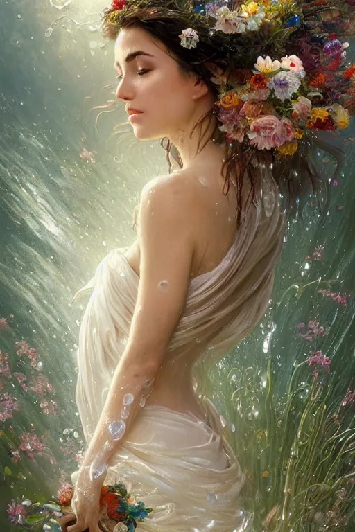 Image similar to portrait of a beautiful woman wearing a white dress, holding a bouquet of flowing flowers, drenched body, wet dripping hair, emerging from the water, fantasy, regal, fractal crystal, fractal gems, by ross tran, stanley artgerm lau, greg rutkowski, thomas kindkade, alphonse mucha, loish, norman rockwell