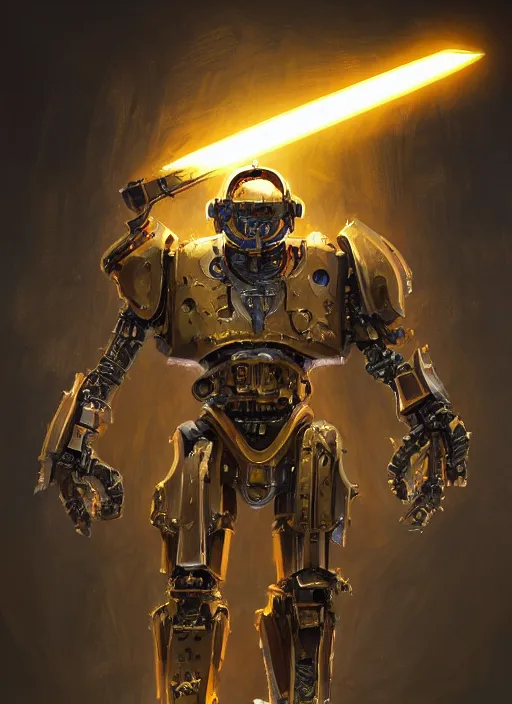 Image similar to full body, dynamic attack position abstract portrait of a intricate glorious holy mechanical warforged character in yellow armor holding a paladin engraved great longsword drawn and carrying a big paladin shield, glowing red eye, face in focus, pit droid, epic , trending on ArtStation, masterpiece, cinematic lighting, by Ross Tran and by Greg Rutkowski