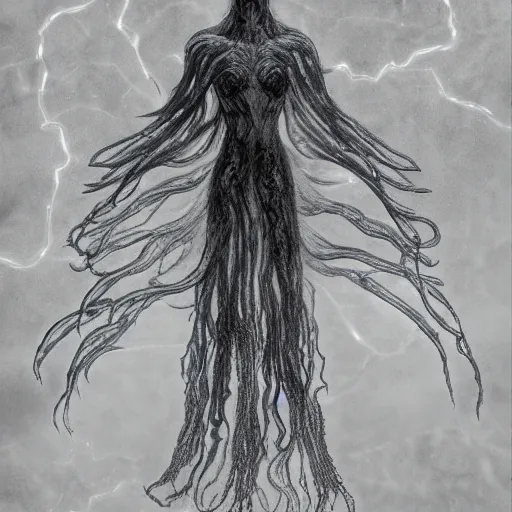 Image similar to concept designs for an ethereal ghostly wraith like figure with a squid like parasite latched onto its head and long tentacle arms that flow lazily but gracefully at its sides like a cloak while it floats around a frozen rocky tundra in the snow searching for lost souls and that hides amongst the shadows in the trees, this character has hydrokinesis and electrokinesis for the resident evil village video game franchise with inspiration from the franchise Bloodborne and the mind flayer from stranger things on netflix