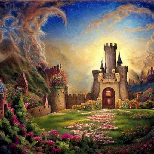 Prompt: A beautiful mixed media art of a castle in the clouds. mariachi by Bob Byerley sad