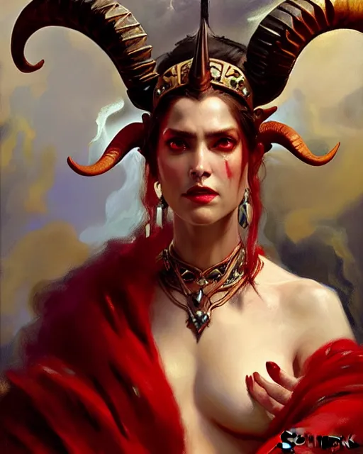 Prompt: painted close - up portrait of an attractive red - skinned intimidating demon queen with ram horns. oil painting, wearing a noblewoman's outfit, fantasy art by greg rutkowski and john singer sargent and gaston bussiere, demon noble character design