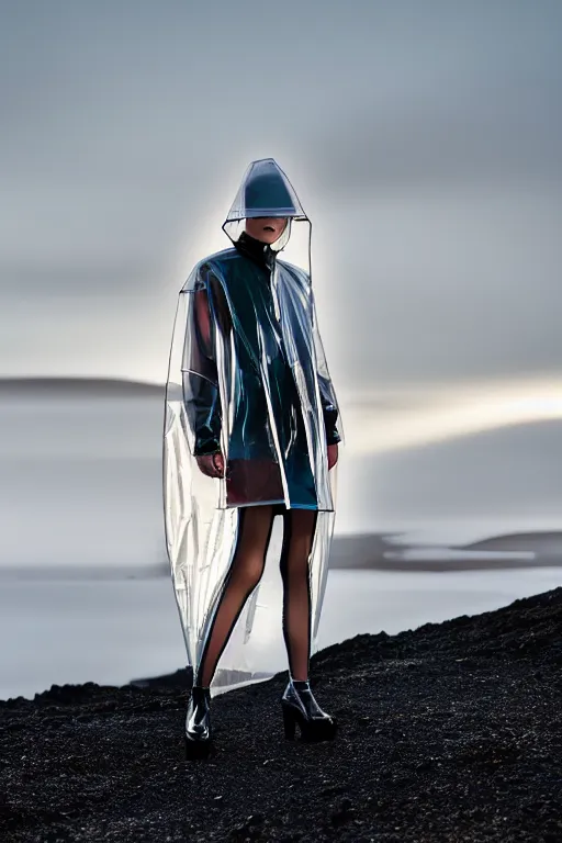 Image similar to an ultra high definition professional high fashion portrait studio full length photograph of a model wearing a transparent pearlescent raincoat and neon visor in an icelandic black rock environment at dawn. no artefacts. extremely detailed. stark. refraction. shallow depth of field. volumetric light and shadow. ray tracing. light rays.