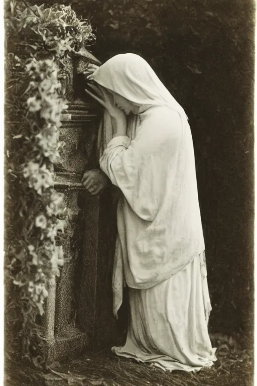 Image similar to a photo om mary praying in front of a tomb, by julia margaret cameron