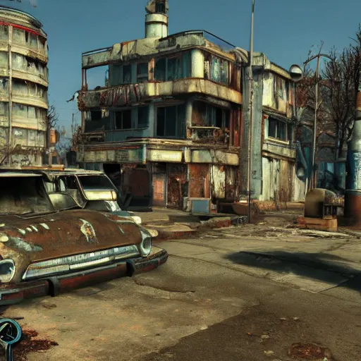 Image similar to Cannes, France in ruins post-nuclear war in Fallout 4, in game screenshot