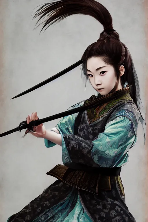 Image similar to highly detailed beautiful photo of a young female samurai, practising sword stances, symmetrical face, beautiful eyes, realistic anime art style, 8 k, award winning photo, pastels, action photography, 1 / 1 2 5 shutter speed, dramatic lighting