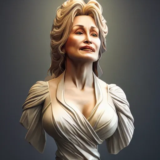 Image similar to beautiful lifelike award winning marble statue bust of dolly parton unreal engine octane render trending on art station artgerm greg rutkowski alphonse mucha cinematic atmospheric
