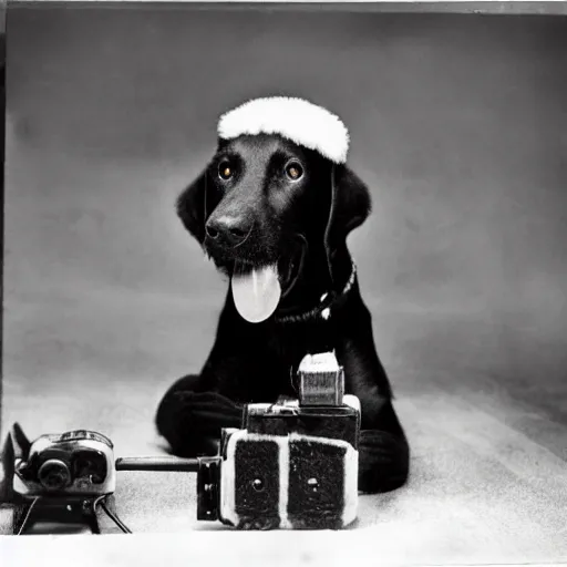 Image similar to real printed 1 9 4 0 war photography of a black dog with fluffy ears holding a gun at camera black and white heavy grain