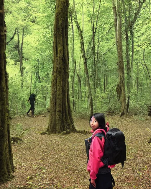 Image similar to Girl wearing backpack and adventure clothes standing in a forest, by Donglu Yu.