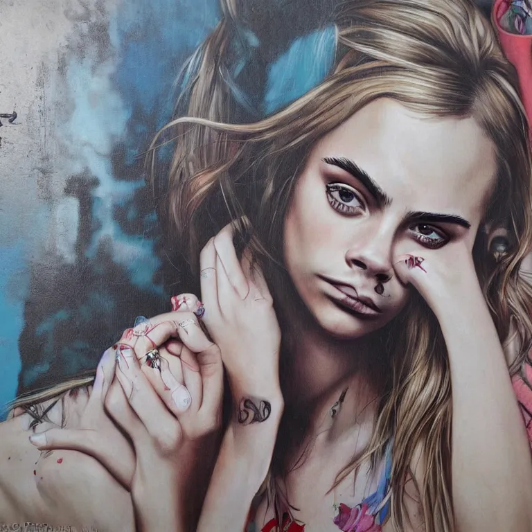 Image similar to Street-art portrait of Cara Delevingne in style of Etam Cru, photorealism