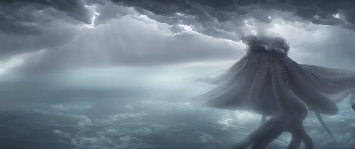 Prompt: a giant octopus tentacle hanging from the clouds over a rain forest, lightning storm and sun rays, ambient light, a volcano erupte, still from the movie the arrival, 8k