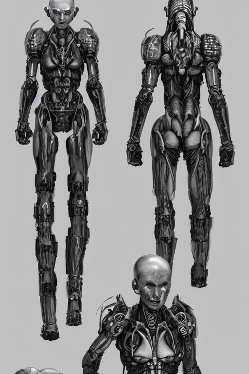 Image similar to cyborg norse goddess with gunmetal grey skin, medical anatomy, very symmetrical face, highly detailed, japanese mecha, three - perspective / three - view reference sheet ( front / back / side ), in the style of dan ouellette, dren from splice, hr giger, sil from species, artstation, unreal engine