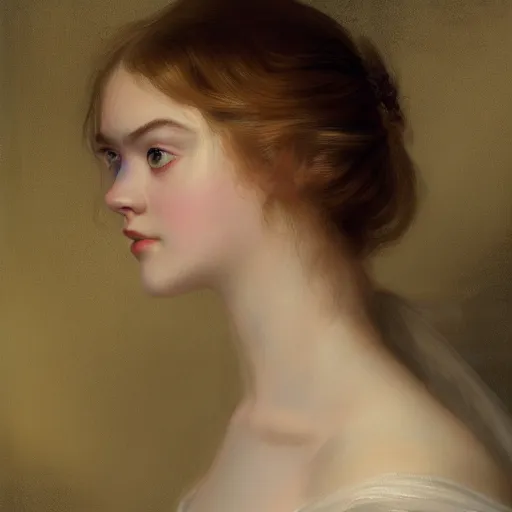 Prompt: professional painting of Elle Fanning in the style of Thomas Lawrence, head and shoulders portrait, symmetrical facial features, smooth, sharp focus, illustration, intricate, stormy weather, extremely detailed masterpiece,