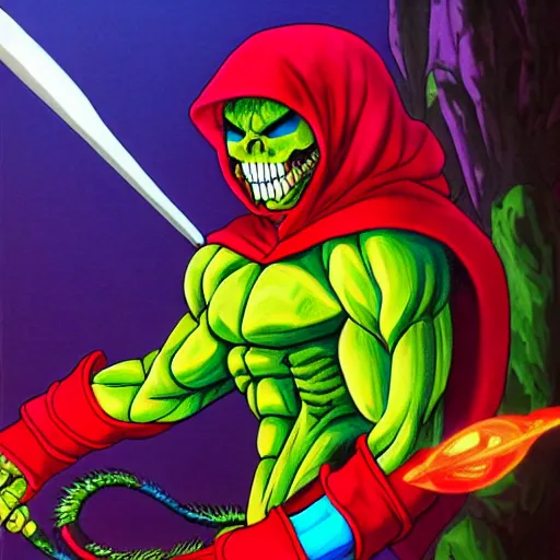 Prompt: portrait painting of skeletor as piccolo, art by akira toriyama, 4 k, dragon ball artstyle, cel shaded, highly detailed, epic lighting