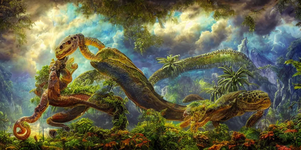 Image similar to fantasy oil painting, great leviathan, turtle cephalopod terrapin reptilian pachyderm amphibian hybrid, rainforest mountains, lush plants flowers, epic natural light, bright clouds, luminous sky, aircraft, outer worlds, bright cinematic key lighting, michael cheval, michael whelan, vray, 8 k hd