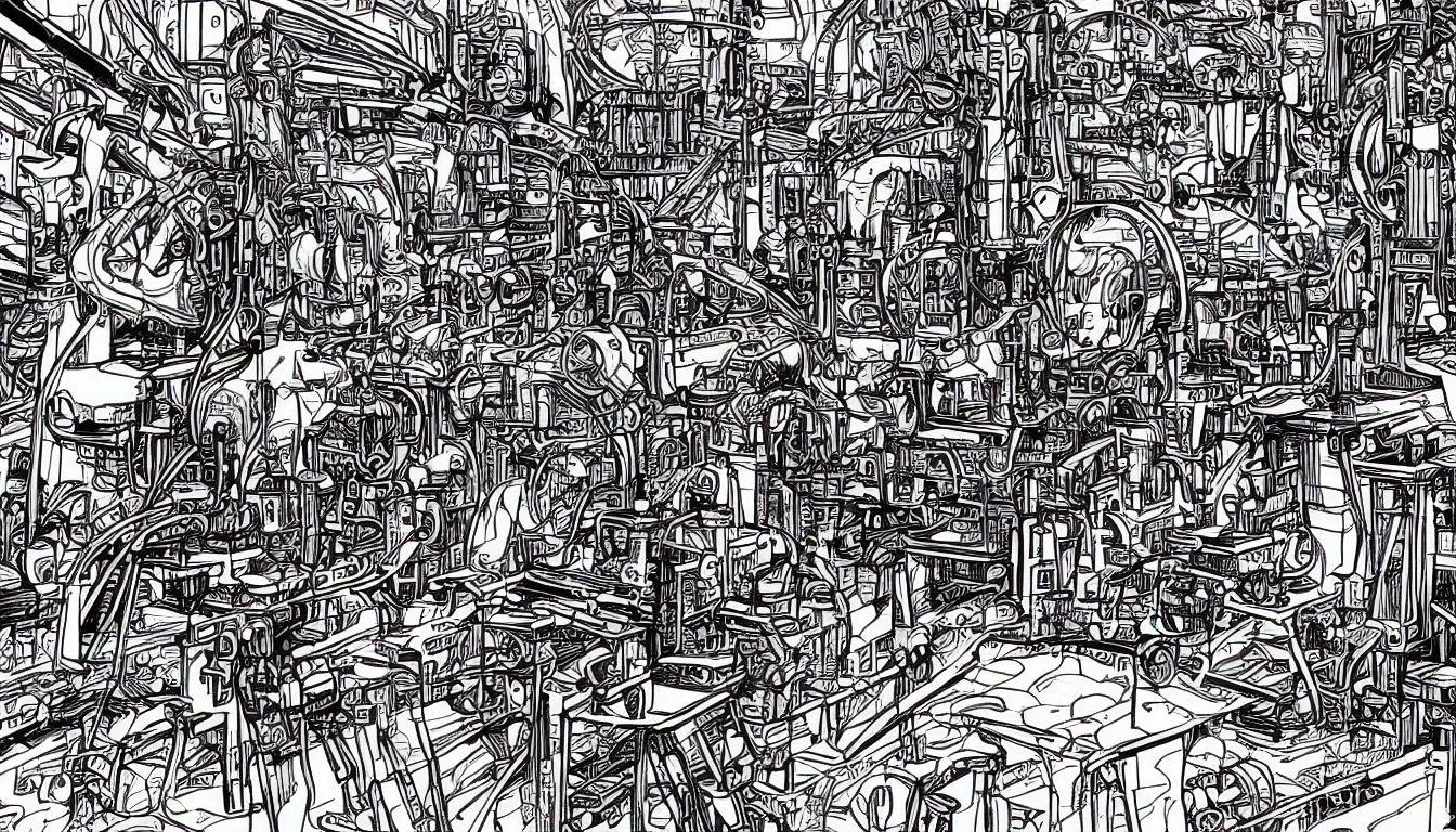 Image similar to The strange machine in the sprawling workshop. Black ink line drawing. Vivid colors. 4K.