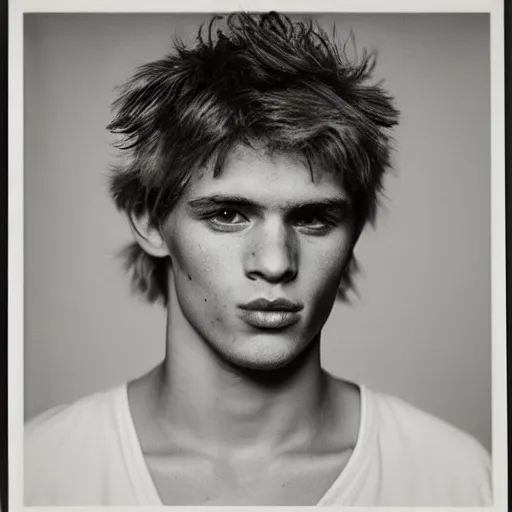 Prompt: portrait of a young 2 5 year old blonde blued serbian man photographed by robert mapplethorpe