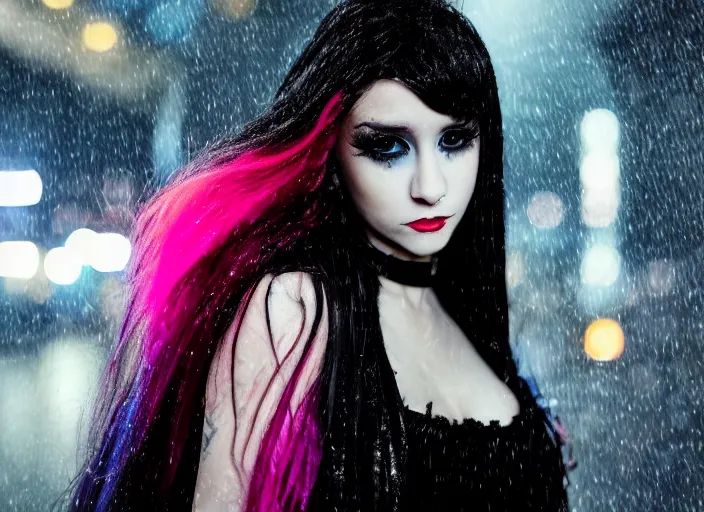 Prompt: closeup portrait of emo vampire goth ariana grande standing in the rain in a dark cyberpunk city, heavy make - up running down face, neon reflections in the puddles, portra 4 0 0 candid photograph portrait by annie leibovitz, 3 5 mm macro shot, f / 3 2, hyperrealistic, cinematic lighting, hd wallpaper, 8 k, 4 k