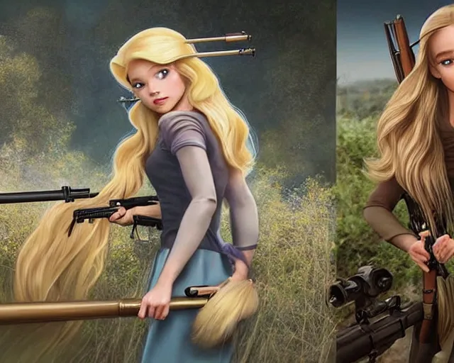 Prompt: disney princess with long blonde hair versus m 9 0 sniper rifle : : weta disney pixar movie still photo : : hi - fructose, decadent highly - detailed digital painting, golden ratio, octane render, artstation, smooth, sharp focus, artgerm, mucha, loish, wlop