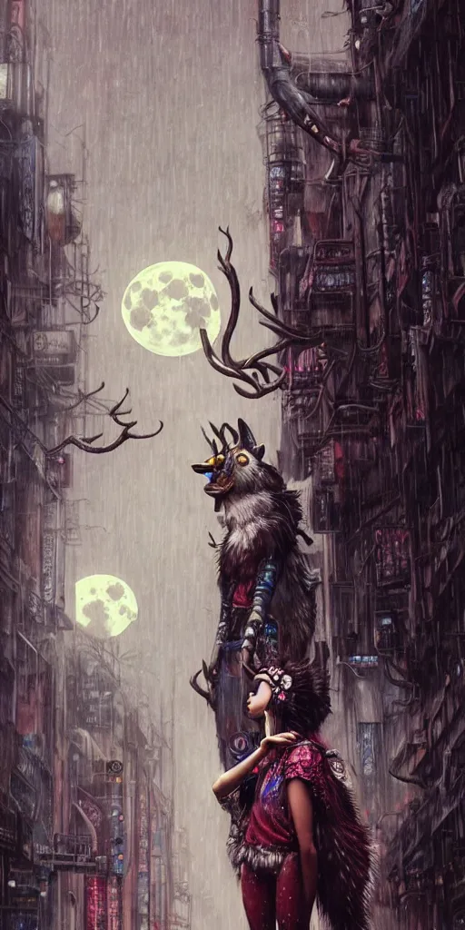 Image similar to hyper realistic Princess Mononoke, ornate mask, wet market street, rainy atmosphere, full moon, cyberpunk metropolis, city landscape, jewels, full body pose, wolves, style of tom bagshaw, mucha, james gurney, norman rockwell, denoised, sharp