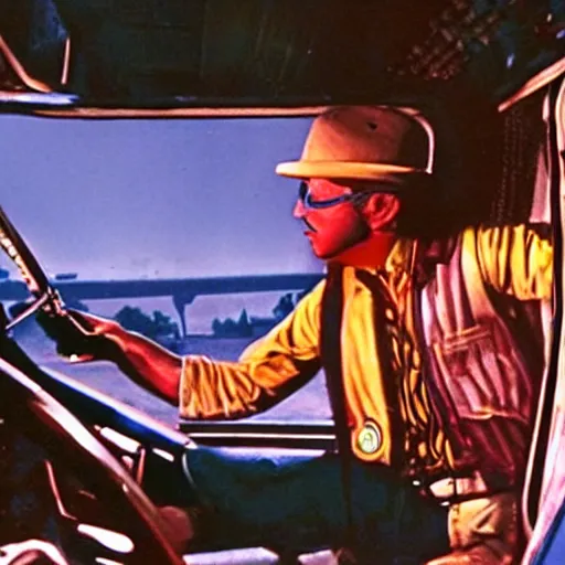 Prompt: 1 9 7 0's color b - movie scene about the musical trucker, a trucker playing the saxophone inside his big rig as it drives off the side of a highway