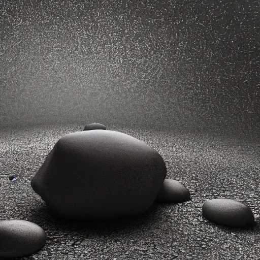 Image similar to a large boulder rock with a metallic finish is embedded in a circular matte black industsrial stage in the center of a dark space, a ring of overhead lights cast onto the rock and it throws caustic reflections into space, low misty atmosphere, hyper realistic image in the style of jeremy geddes but photo real, dark black space, 8k octane render