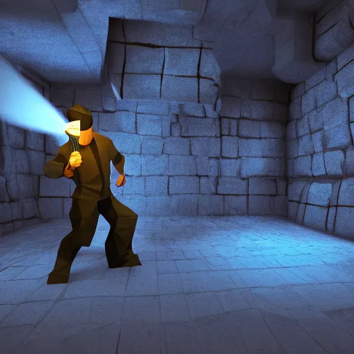 Prompt: a man holds a torch and explores a Dungeon, luminous, low poly