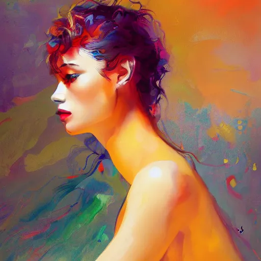 Prompt: portrait of a beautiful stunning girl sitting with shown full figure seductive sensual alluring attractive, in the style of disco elysium, expressionism, artstation, trending, by aleksander rostov, jenny saville, rembrandt, alex kanevsky, wassily kandinsky, dave mckean, yoshitaka amano