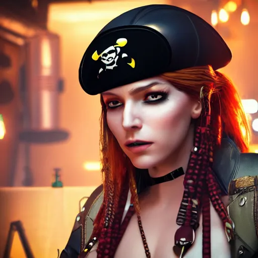 Image similar to a high quality portrait of a beautiful female pirate in a cyberpunk cafe realism 8k