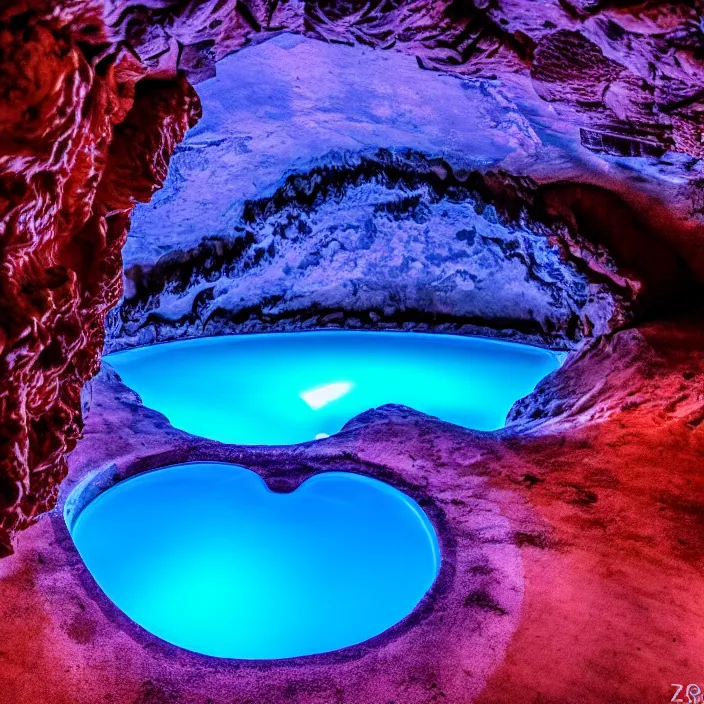 Image similar to photo of a fluorescent cave with a hot spring highly detailed 8 k hdr smooth sharp focus high resolution award - winning photo