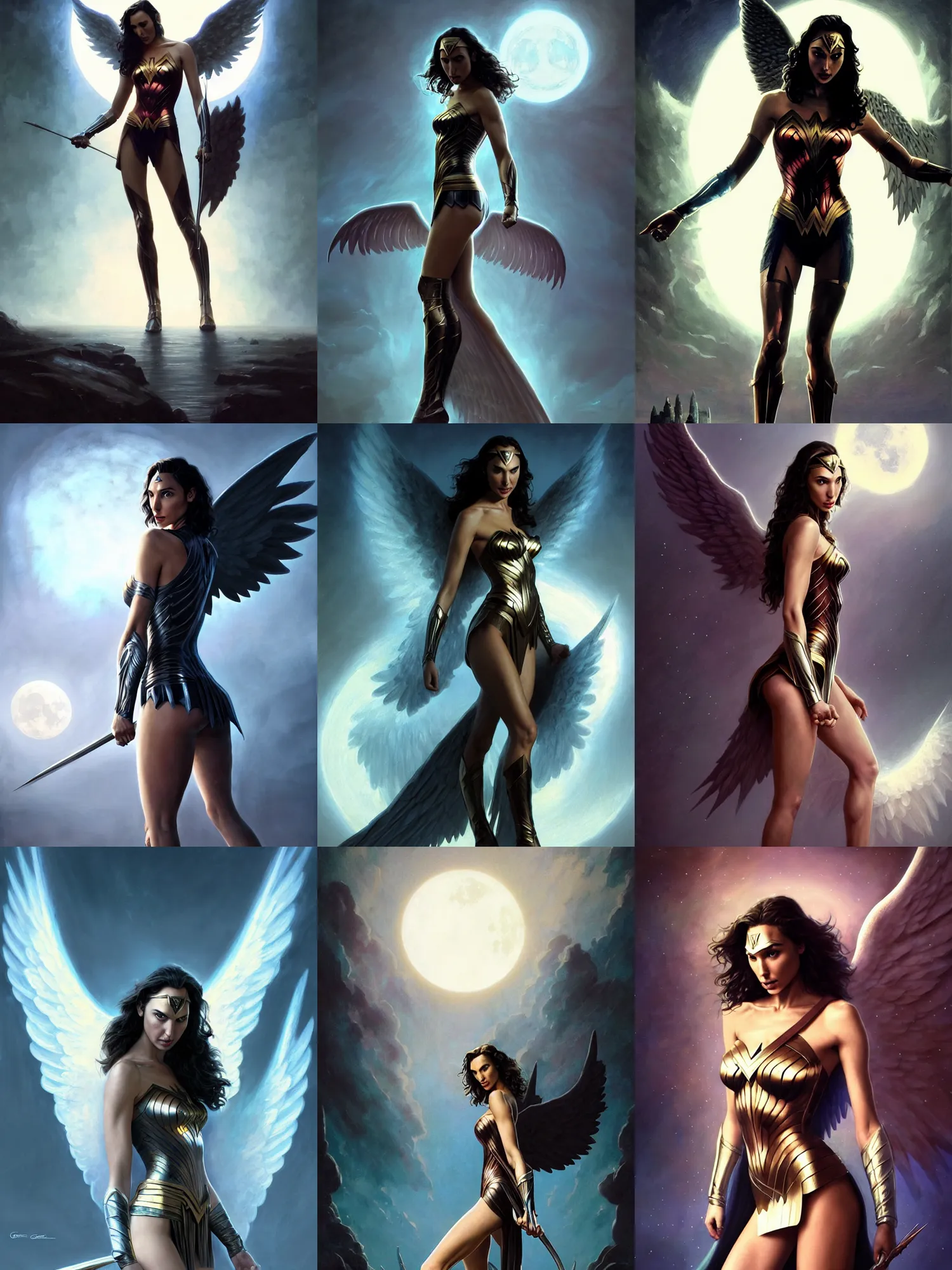 Prompt: Gal Gadot as angel, LSD trip, fullbody, artstation, fantasy, concept art, dark, moonlight, incredible, smooth, sharp focus, illustration, art by greg rutkowski, Frank Frazetta, Greg Rutkowski, Boris Vallejo, Beeple, Christian MacNevin, Lucas Graciano, digital art, steve argyle, peter Mohrbacher, Davi Blight and orientalism and bouguereau and Zdzislaw Beksinski, good clear quality, lighting, biology, symmetrical artwork, perfect face, 135 mm, cinematic, hyper realism, high detail