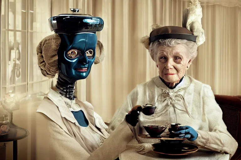 Image similar to VFX movie portrait of old woman served tea by a futuristic butler robot in a decadent living room by Emmanuel Lubezki