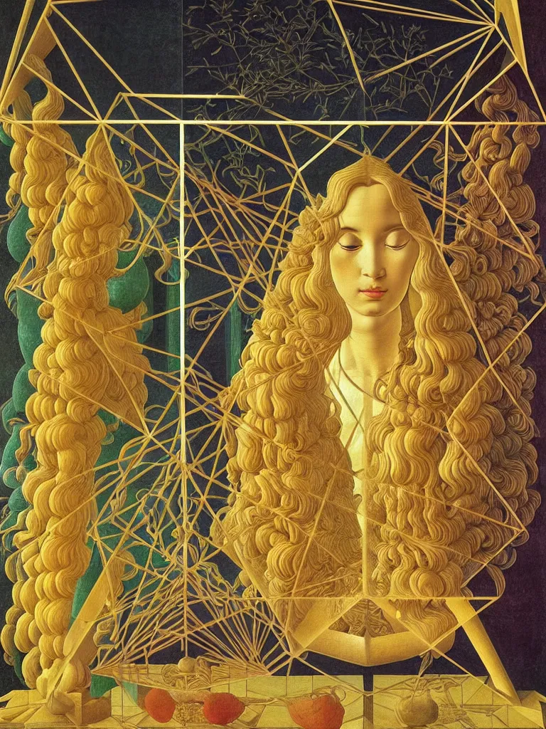 Image similar to hyperrealistic still life portrait of a mind exploding inside of a serene temple, beautiful plans, sacred geometry, light refracting through prisms in a tesseract, by sandro botticelli, botanical print, surrealism, vivid colors, serene, golden ratio, rule of thirds, negative space, minimalist composition