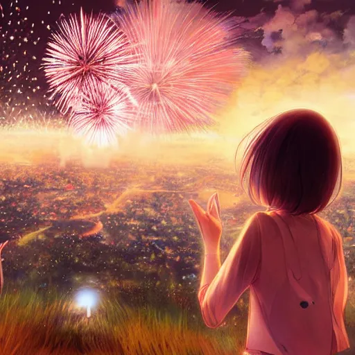 Image similar to girl watching watching fireworks on a hill, digital art, by range murata, akiyuki shinbou, yoshitaka amano highly detailed, realistic, cinematic, bold colours, photorealism, 4 k, wide angle lens