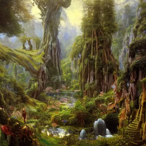 Prompt: a beautiful and highly detailed matte painting of a magical garden of delights in a mystical forest in a dream like valley deep in the magical mountains of avalon, intricate details, epic scale, insanely complex, 8 k, sharp focus, hyperrealism, very realistic, by caspar friedrich, albert bierstadt, james gurney, brian froud,