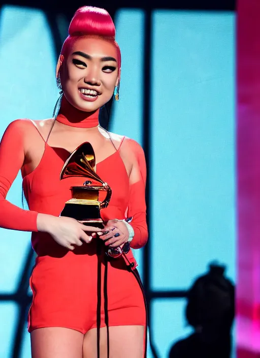 Image similar to rina sawayama winning a grammy award, red weapon 8 k s 3 5, cooke anamorphic / i lenses, highly detailed, cinematic lighting