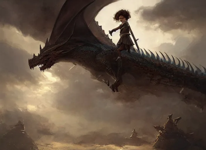 Image similar to a cute little girl with curly brown hair holding a sword faces off against a huge dragon, beautiful fantasy art by greg rutkowski.