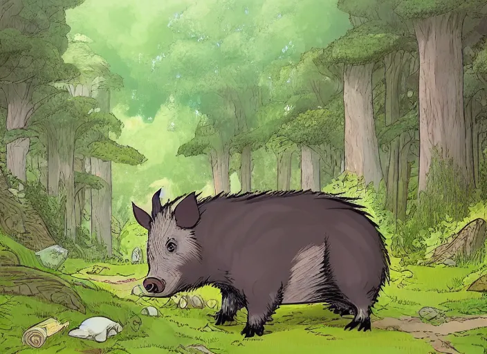 Prompt: a majestic friendy boar in a mythical forest next to a pathway, by ghibli and miyasaki, flat, 2 d, illustration, great composition