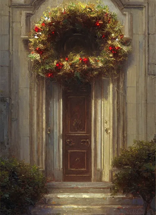 Prompt: wreath on new york apartment building door, artwork by gaston bussiere, craig mullins, trending on artstation