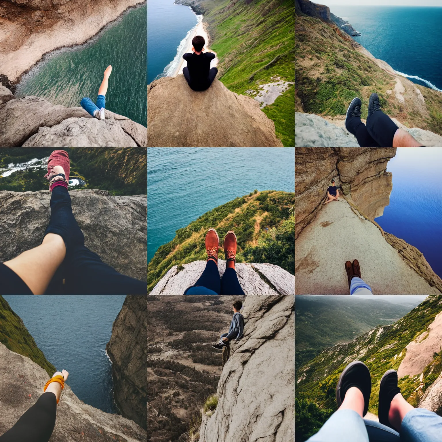 Prompt: person sits on a cliff, their legs over the side