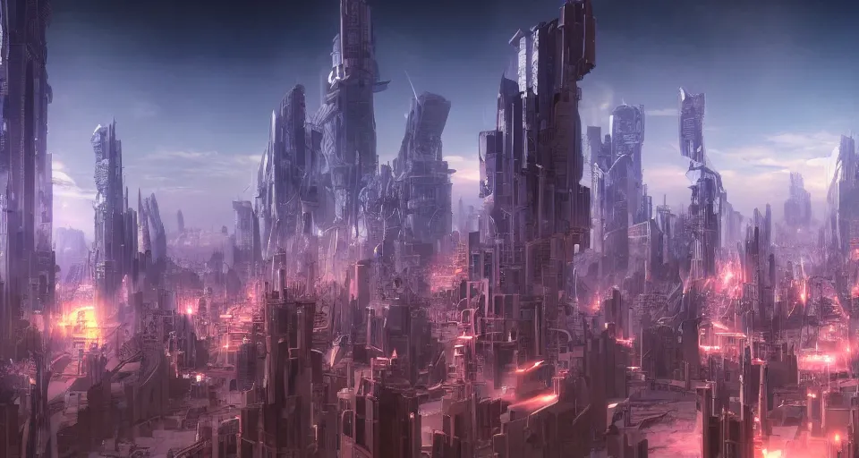 Prompt: view on futuristic city in the horizon, in style of magiccore, detailed, sharp, 8 k