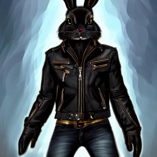 Image similar to A bunny with a small head wearing a fine intricate leather jacket and leather jeans and leather gloves, trending on FurAffinity, energetic, dynamic, digital art, highly detailed, FurAffinity, high quality, digital fantasy art, FurAffinity, favorite, character art