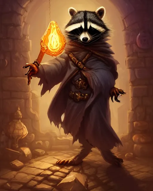 Image similar to anthropomorphic hooded necromancer raccoon casting a spell in a dungeon, deep focus, d & d, fantasy, intricate, elegant, highly detailed, digital painting, artstation, concept art, matte, sharp focus, illustration, hearthstone, art by artgerm and greg rutkowski and alphonse mucha