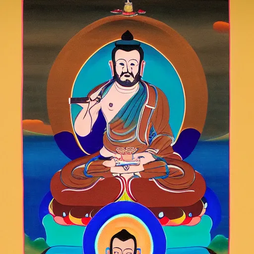 Image similar to thangka painting of matteo salvini, hyperrealistic, trending on artstation