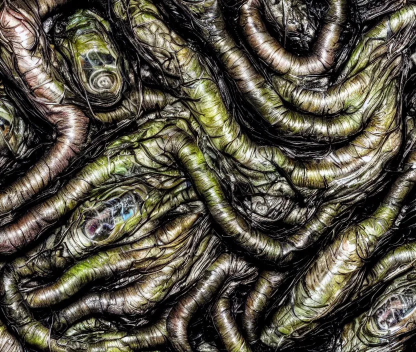 Prompt: a high resolution photo of a complex slimey creature nature forest, grown together various animal eyes, computer veins wrinkles, cracked plastic wrap, gills morph scales merged in fur skin, wrinkled muscles skin, veins merged feet head, displacement, black hole, distorted animal head face eyes arms tail