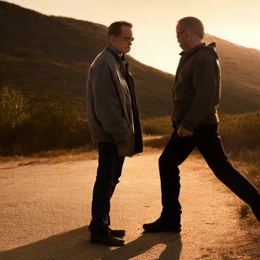 Image similar to movie still of Jack Bauer and Walter White arguing, 4k, golden hour, hyperdetailed