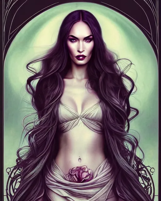 Image similar to new art nouveau portrait of megan fox in the style of anna dittmann and charlie bowater and loish. long windblown hair, very large, clear, expressive, and intelligent eyes. symmetrical, centered, ultrasharp focus, dramatic lighting, photorealistic digital matte painting, intricate ultra detailed background.