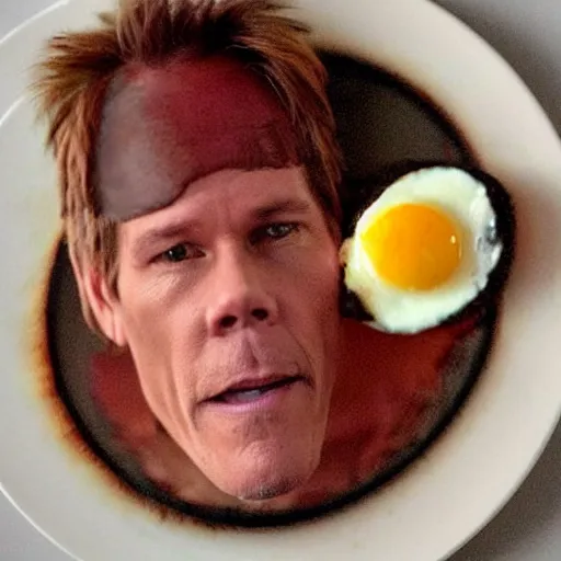 Image similar to kevin bacon's face as side bacon on a plate with eggs