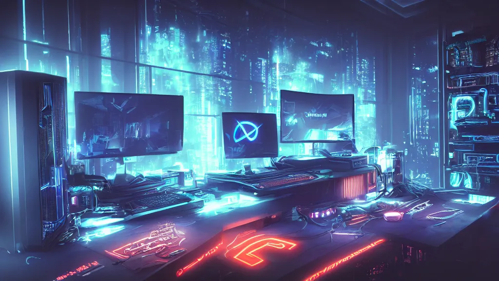 Prompt: a cyberpunk overpowered computer. Overclocking, watercooling, custom computer, cyber, mat black metal, alienware, futuristic design, desktop computer, desk, home office, whole room, minimalist, Beautiful dramatic dark moody tones and lighting, orange neon, Ultra realistic details, cinematic atmosphere, studio lighting, shadows, dark background, dimmed lights, industrial architecture, Octane render, realistic 3D, photorealistic rendering, 8K, 4K, nebula, galactic, space, Cyborg R.A.T 7, Republic of Gamer, computer setup, highly detailed