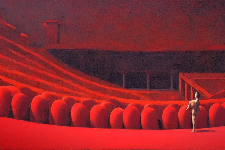 Image similar to only with red, a red great emperor, taormina amphitheatre, crowd with big smile, in the style of beksinski, parts by edward hopper, parts by rodcenko, parts by yue minjun, intricate and epic composition, red by caravaggio, insanely quality, highly detailed, masterpiece, red light, artstation, 4 k