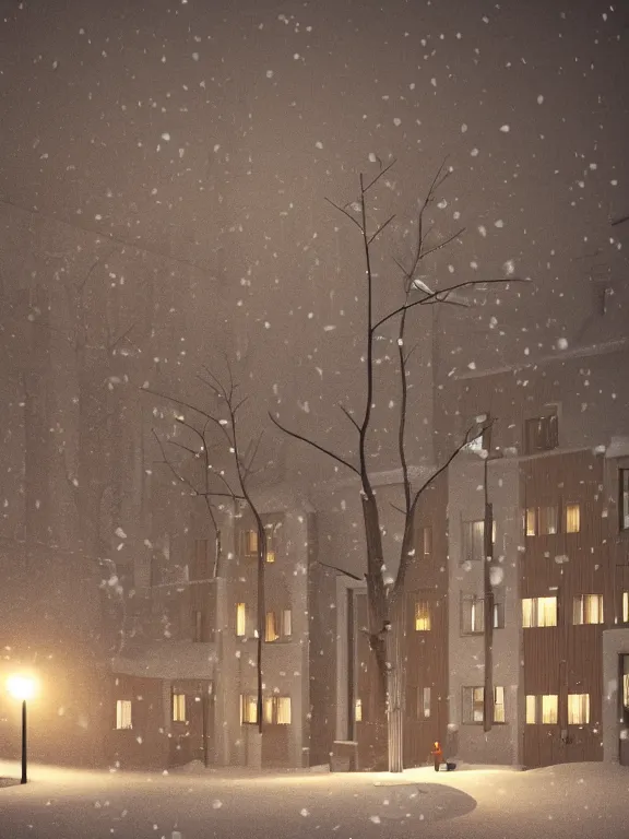 Image similar to film still of tiny soviet residential building, residential suburb area, lights are on in the windows, deep dark night, cozy atmosphere, cold winter, snowing, streetlamps with orange light, volumetric light, several birches nearby, elderly people stand at the entrance to the building, mega detailed, unreal render